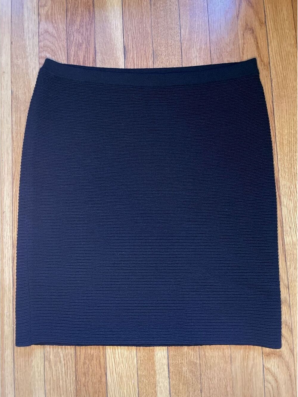 Eileen Fisher Black Wool Ribbed Knit Pencil Skirt M Minimalist Classic Capsule